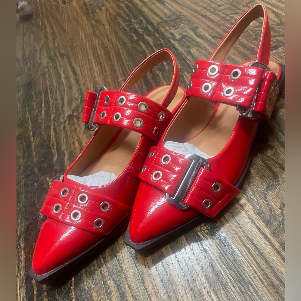 Red Patent Pointed Slingback Flats with Buckle Detail